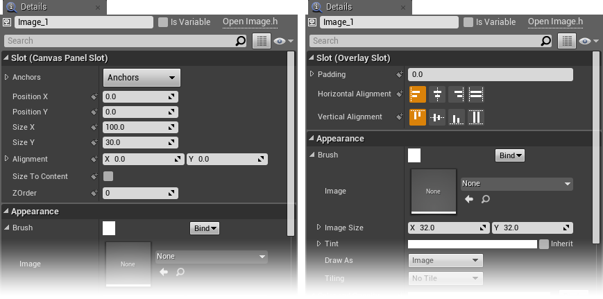 On the left, Image_1 is inside a CanvasPanel. On the right it is inside an OverlayPanel. Note the slot properties are different.