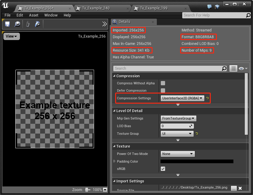 With texture compression manually disabled for our 256px texture, the resource size increases from 85Kb to 341Kb.